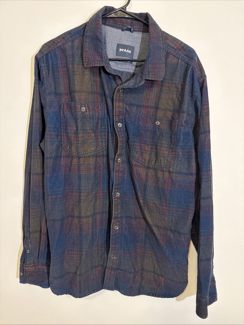 Prana Mens Organic Cotton Corduroy Plaid Button Down Shirt Blue Burgundy XL